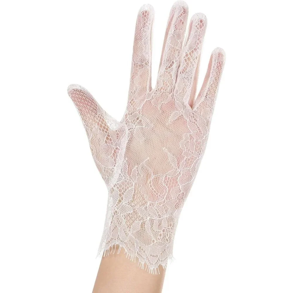 Women's Lvory 01 Floral Short Length Lace Tulle Mesh Wrist Wedding Party Gloves